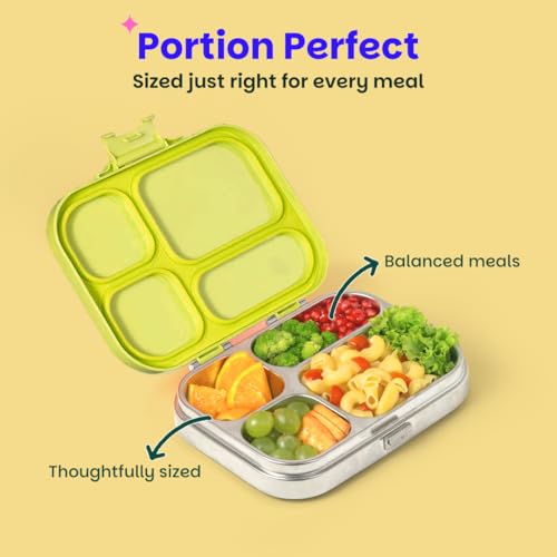 Image of Basil Bento Box Quad - 4 Compartment Stainless Steel Lunch Box with BPA-Free Plastic Lid | 800 ml Leak-Proof Tiffin Box for Kids & Adults | Premium School, Office, Lunch Box - Mushroom Trail