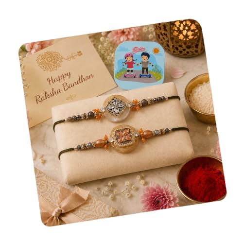 Image of CraftVatika Rakhi Set for Brother with Gift Combo, Designer Rakhi Set of 2 for Brother Boy Men, Premium Rakhis for Rakshabandhan with Best Wishes Card and Tillak Set, Fridge Magnet Gift for Him
