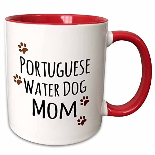 3dRose Portuguese Water Dog Mom-Doggie by breed-muddy brown paw print Mug, 11 oz, Red