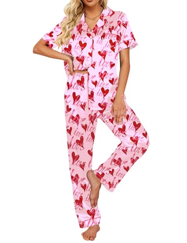 Image of Ekouaer 2 Piece Satin Short Sleeve Pajamas Set Button Down Sleepwear | Soft Pjs Set Classic Loungewear for Wedding, Party, Home, Daily Wear, Date Nights