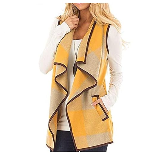 SGSD Dam rutig ärmlös jacka stickad väst elegant vår höst övergångsjacka kavaj öppen kofta väst utomhus med fickor elegant kofta volant stickad kappa kuze trenchcoat, GUL, XXL