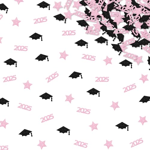 120pcs 2025 Graduation Confetti, Class of 2025 Confetti, Congrats Grad Table Scatter, Black&Pink Glitter Graduation Cap Table Scatter, 2025 Senior High School College Grad Party Decoration
