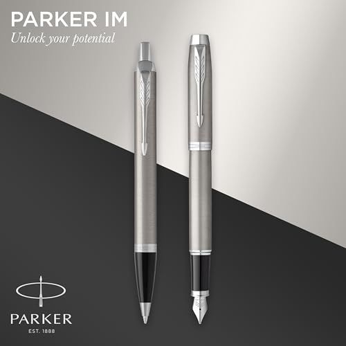 Parker IM Duo Stift-Geschenkset | Füller, Kugelschreiber & Etui | Edelstahl-Ausführung mit Chromverzierungen | Mittlere Spitze | Blaue Tinte | Perfekte Geschenke zum Schulabschluss