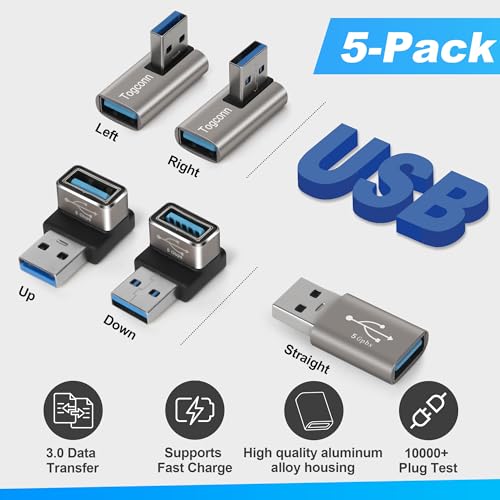 Image of Angle USB 3.0 Adapter 10 Pack, Multiple Angles(UP /Down /Left /Right /Straight),USB A Male to Female Connector Converter USB L Shape Extender, Support Charge & Data Sync for PC, Laptop, Mouse, Keyboard
