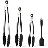 Kitchen Tongs for Cooking, Set of 4 with Oil Brush (7' 9' 12'), Heat Resistant 572°F Stainless Steel, Heavy Duty Metal Locking Tongs with Silicone Tips, Black, BBQ Grilling Dishwasher Safe