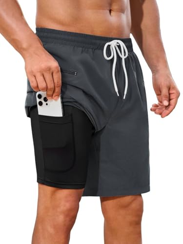 INCERUN Men's Swim Trunks with Compression Liner 2 in 1 Board Shorts 9 Inch Inseam Quick Dry Bathing Suit Swimsuit Swimming Trunks for Men Long Swim Shorts with Pockets Dark Grey Small