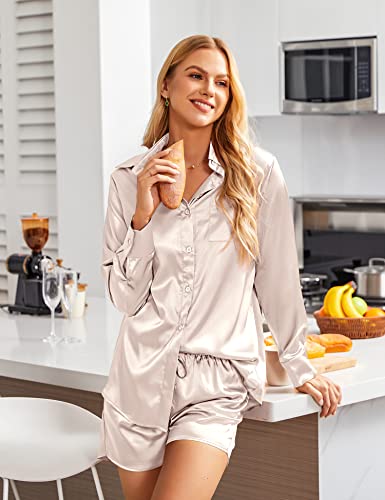 Ekouaer Women 2 Piece Outfit Summer Long Sleeve Top And Shorts Set Soft Satin Sweatsuit Set Champagne M #TOP2