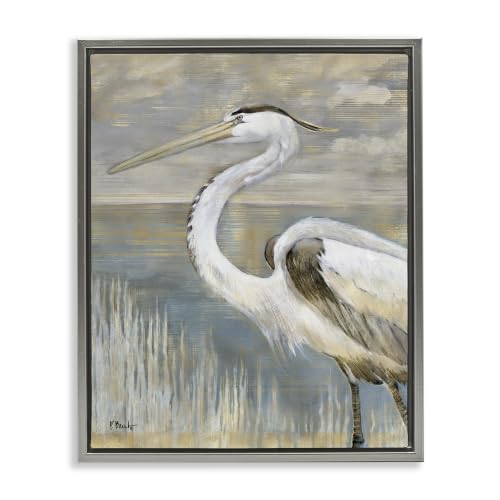 'Heron Bird Abstract Marshland Coast'| Floating Frame Canvas Art