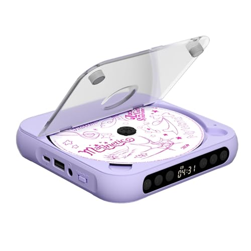 Plyisty Bluetooth CD Player with Dual Stereo Speaker Rechargeable Portable Music Player Support CD/AUX/USB with Earphones for Home Car (Purple)