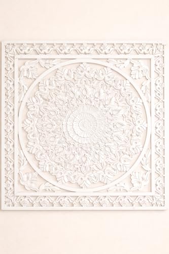 Image of Wall panel Floral MDF Wall Decoration Panel, Hanging Wood Carving Wall Decoration Panel for Living Room, Bedroom, Hallway, Office Wooden Wall Hanging Plaque, Wood Carving (Square White)