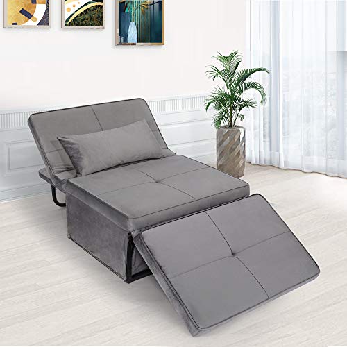 windaze Folding Ottoman Sofa Bed, 4 in 1 Multi-Function Chaise Lounge Morden Velvet with 5 Position Adjustable Backrest Convertible Guest Fold Out Bed, Dark Grey