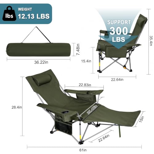 Image of Romswi 2Pack 4-Position Reclining Camping Chair with Removable Footrest, 2-in-1 Adjustable Portable Lounge Chair with Cooler Bag, Cup Holder, Side Pockets & Carry Bag for Outdoor, Olive Green