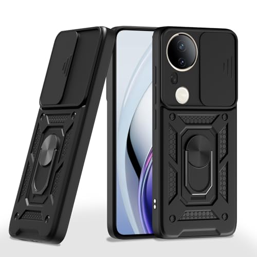 Image of Pikkme Back Cover for Vivo T4 Ultra 5G | D10 Tough Armor | 360 Protection Case | Sliding Camera Shield Cover & Ring Holder Stand Bumper Case (Black)