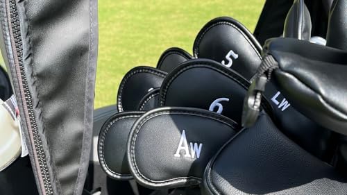 All Teed Up Premium Magnetic Leather Iron and Wedge Golf Club Head Covers | Set of 10 | Fits Most Clubs | Embroidered Club Label on Both Sides of Club Head Cover