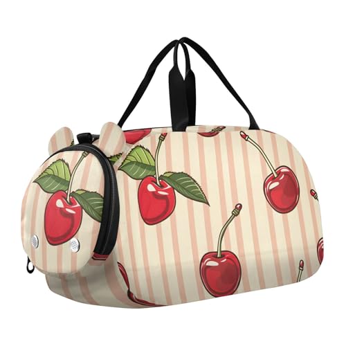 Duffle Bag Kids Gym Bag with Shoes Compartment & Wet Separation Overnight Travel Duffel Bag Striped Cherries for Girl Boy