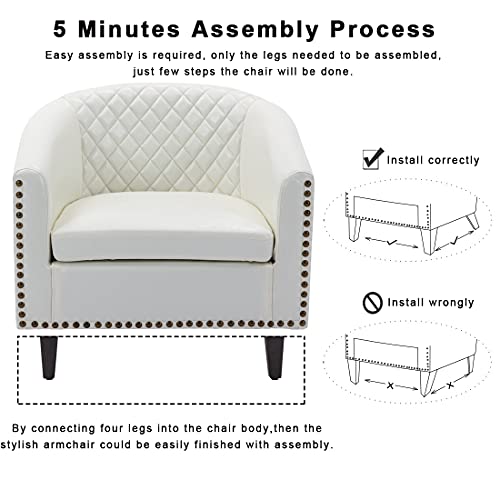 Modern Accent Barrel Chair, Rhombus Armchair With Nail Head, Tub Rivet Chair With Wood Legs, Faux Pu Leather Club Sofa Side Chair For Living Room, Bedroom, Home Office (Bright White + Pu) #TOP5