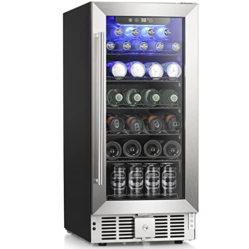Antarctic Star 2.9 Cu.Ft Beverage Refrigerator,115 Can Beer Soda Wine Cooler, Low Noise, Transparent Glass Door, Stainless Steel LED Light, Safety Lock for Home and Bar, Silver, 15 Inch