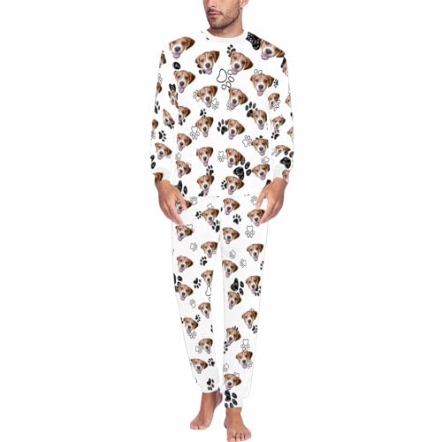 MyPupSocks Custom Pet Photo Pajamas for Men, Personalized Pet Paw Prints White Pajamas Sets Pjs Customized Dog Face Sleepwear with Picture Long Sleeve for Dad Husband Christmas Birthday XXL