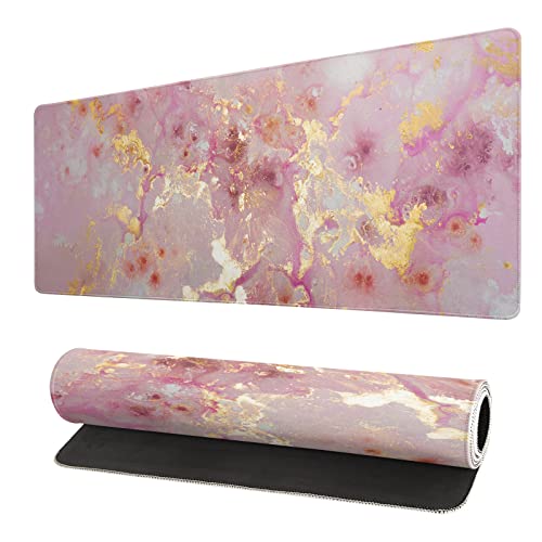 Cute Pink Marble Extended Mouse Pad 31.5x11.8 Inch Rose Gold Desk Marble Mousepad Extended Large Non-Slip Rubber Base Waterproof Big Keyboard Mat with Stitched Edges for Gaming and Office