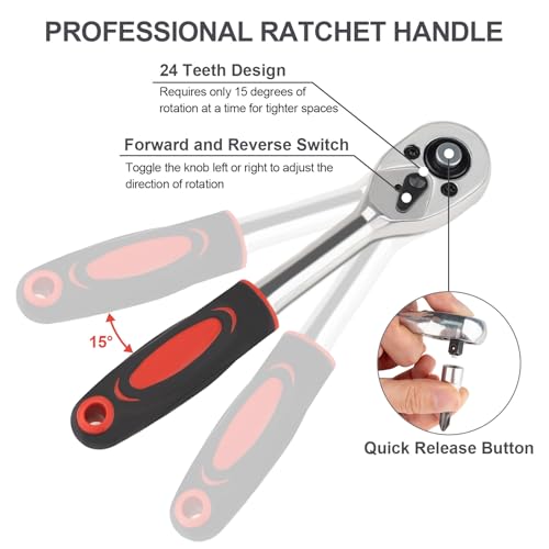 Beaiguna 46PCS Small Drive Socket Ratchet Wrench Screwdriver Set, 1/4 Inch Metric Socket and Ratchet Wrench Set with Extension Bar, Upgrade Compact Tool Set for Car thumbnail 4