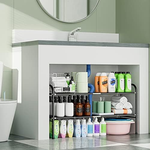 W&H Under Sink Storage Kitchen Organiser Shelf - 2 Tier Expandable Black Storage Unit, Stainless Steel Metal Shelves for Storage, Multifunctional Kitchen Cupboard Storage Solutions
