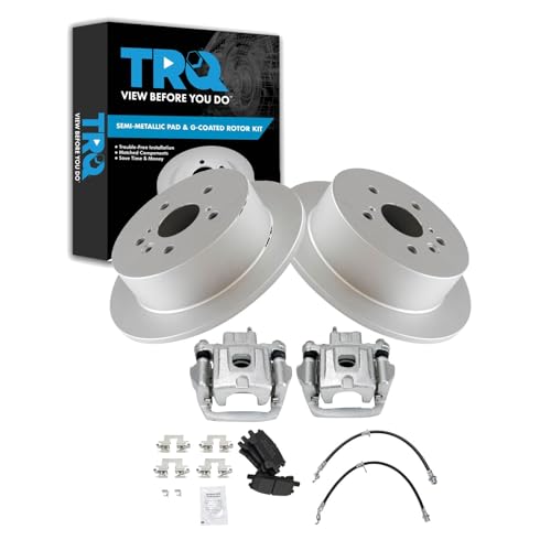 Image of TRQ Rear Brake Pad and Rotor Set Semi Metallic Coated Rotors Calipers Compatible with 2004-2006 Lexus RX330 2007-2009 RX350 2006-2008 RX400h 2006-2007 Toyota Highlander with All Wheel Drive