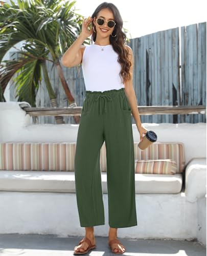 Image of siliteelon Wide Leg Linen Pants for Women Summer Capri Palazzo Flowy Pants Casual Loose High Waist Trousers with Pockets