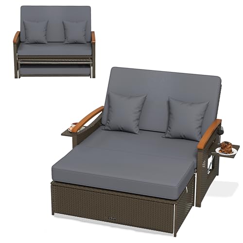COSTWAY Sofa Exterior de Ratán con Reposapiés de Almacenamiento, 2 Plazas Tumbona Acolchado, Cama Respaldo Ajustable de 4 Niveles, Bandejas Laterales Retráctiles