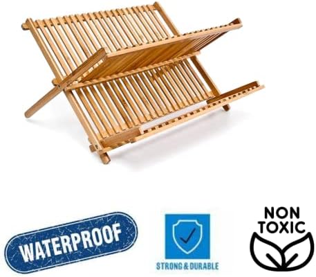 raxter Dish Drainer, Heavy Duty Dish Drying Rack 2 Tier Foldable Dish Rack, Waterproof Bamboo Draining Board Plate Rack for Kitchen Countertop - 24 x 42 x 33 cm Sink Drainer Rack - Natural Brown