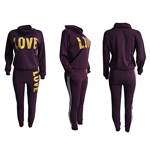 Women's Letter Print 2 Piece Outfits Jogging Suit Set Cowl Neck Long Sleeve Sweatshirt Tracksuit Sweatsuits Set Purple