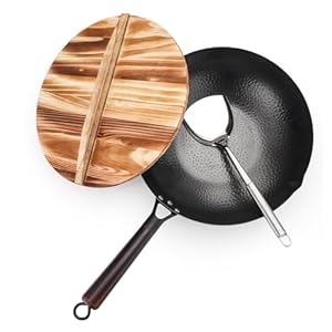 Carbon Steel Wok Pan with Lid, 12.6inch Flat Bottom Wok, Woks & Stir Fry Pans for Induction, Electric, Gas Stoves, No Chemical Coated Chinese Wok