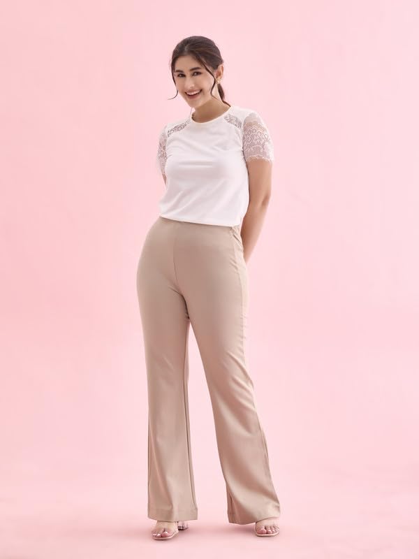 Image of GO COLORS Soft Cotton Stretch Flared Pant Full Length for Women| Breathable, High Rise
