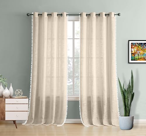 Image of THE LINEN COMPANY Cotton Sheer Grommet Curtains with Side Border Pompom Sheer Curtain for Window Linen Textured, Light Filtering, Pack of 2 (Natural, 5 Feet)