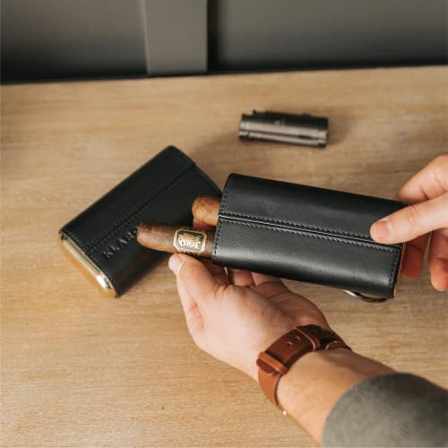 CASE ELEGANCE Etui podróżne Premium na 3 cygara, z prawdziwej czarnej skóry licowej, wyłożone cedrem, ze złotymi metalowymi zaślepkami, opakowanie gotowe na prezent, przenośne pudełko podróżne