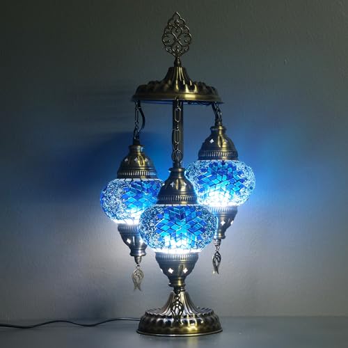 Asylove Turkish Lamp, 3 Globe Turkish Mosaic Table Lamp, Living Room and Office Decoration Lighting 5 inc Globe Total Dimesions 12 x 12 x 24 inch (Daisy Blue)