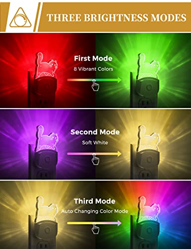 Image of DORESshop Cat Night Light [2 Pack], Kids Night Light with 8-Color RGB, Plug in, Dusk-to-Dawn Sensor, Rainbow LED Baby Night Light for Bathroom, Cute Room Decor,Boys Girls Gift