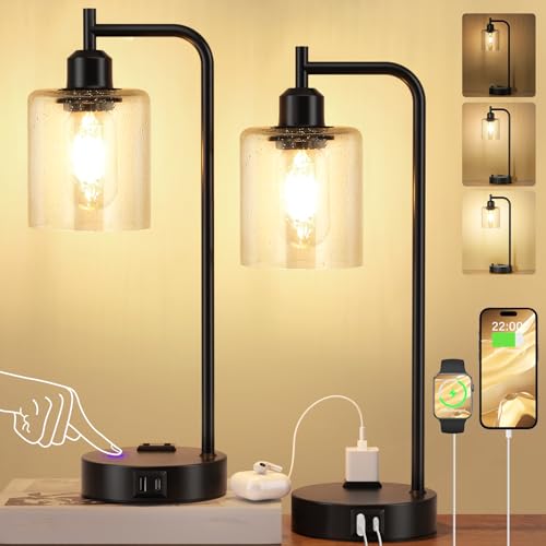 Industrial Touch Table Lamps for Bedrooms Set of 2 - 3-Way Dimmable Lamps with USB C+A Ports and Outlet, Black Bedside Lamps with Seeded Clear Glass Shade for Living Room, Desk Lamps for Home Office by Innqoo - Used condition - US$50.99