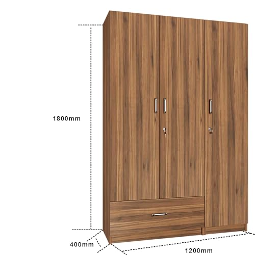 Image of VIKI Wardrobe | Wooden Almirah for 3 Door Wardrobe with 1 Drawer & Hanging Space (Frosty White - 40D x 120W x 180.8H) | 1 Year Warranty | Free Assembly