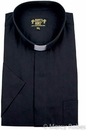 Mens Short Sleeves Tab Collar Clerical Shirt Black