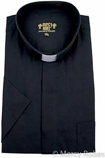 Men's Short Sleeves Tab Collar Clerical Shirt (Black)