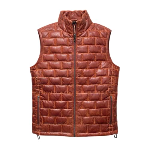 Mens Distressed Brown Leather Puffer Vest, Lambskin Leather Puffer Vest, Brown Leather Down Vest Men