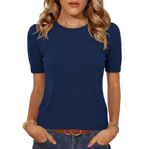 Totatuit Cropped Sweaters for Women Wool Blend Puff Short Sleeve Lightweight Pullover Sweater Crew Neck Tops 2026 Dark Blue XX-Large