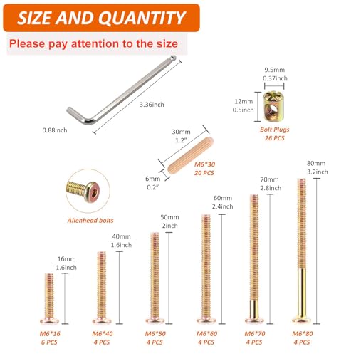 Crib Screws Hardware Replacement Kit - 26 Set Baby Bed Frame Bolts,Barrel Nuts&Wooden Dowel Pins Set - M6x16/40/50/60/70/80 mm Hex Drive Socket Cap Screws Nuts for Beds Headboards Chairs Furniture - Thumbnail 2