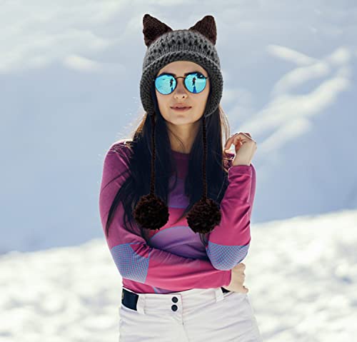 Cat Ear Beanie With Ear Flap Pompom Cute Fox Ears Hat Handmade Crochet For Women Teen Girls Snow Winter (Brown) #TOP5