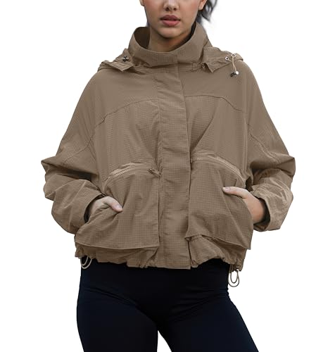 PESION Women's Waterproof Plaid Cropped Rain Jacket, Lightweight Trench Coat with Removable Hood, Windproof Outdoor Coat with Pockets, Khaki, Small