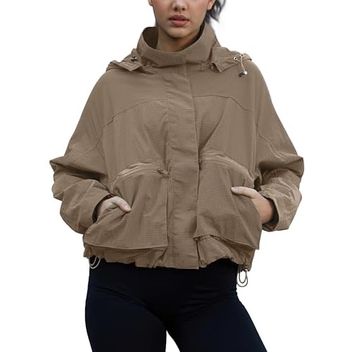 PESION Womens Waterproof Plaid Rain Jacket, Lightweight Windproof Outdoor Trench Coat Windbreaker with Removable Hood Khaki X-Large