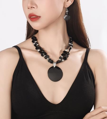 Xalroco Layered Beads Statement Fashion Necklace Chunky Jewelry Set Big Colorful Glass Stone Circle Shell Pendant Choker Necklace and Earring Set for Women (black) by Xalroco - Used condition - Image 4