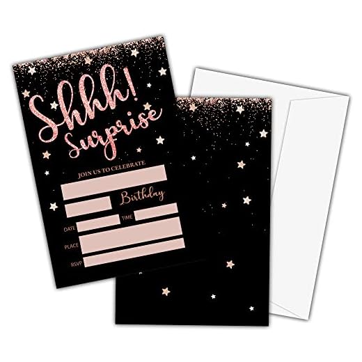 Birthday Party Invitation Cards for Kids, Shhh It's A Surprise Party Invites, Cards for Girls Boys, Party Celebration for Teens, Party Supplies, Black, Personalized 20 Cards With Envelopes(D005)