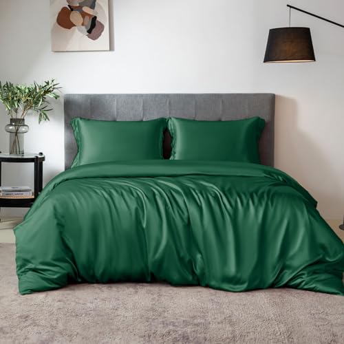 THXSILK 100% Silk Sheet Set, 7A+ Silk Sheet Set Soft Breathable, Luxury Bedding (1 Duvet Cover, 1 Fitted Sheet, 2 Pillow Shams), Cal King, Emerald Green
