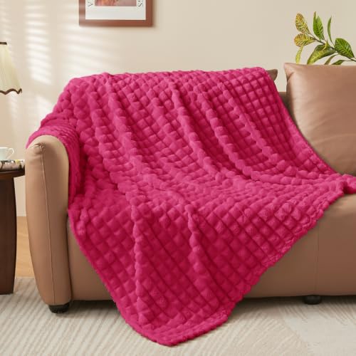 Image of BEDELITE 3D Checked Hot Pink Fleece Throw Blanket for Couch, 50x60 Inches